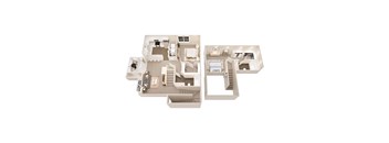 A 3D floor plan of a house with a kitchen, living room, and bedrooms.