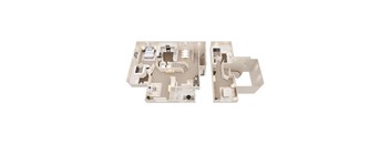 A 3D floor plan of a house with two bedrooms, a living room, a kitchen, and a bathroom.