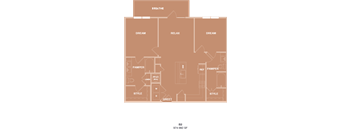A floor plan of an apartment with labeled rooms and appliances.