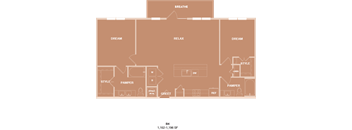 A floor plan of a house with labeled rooms and appliances.
