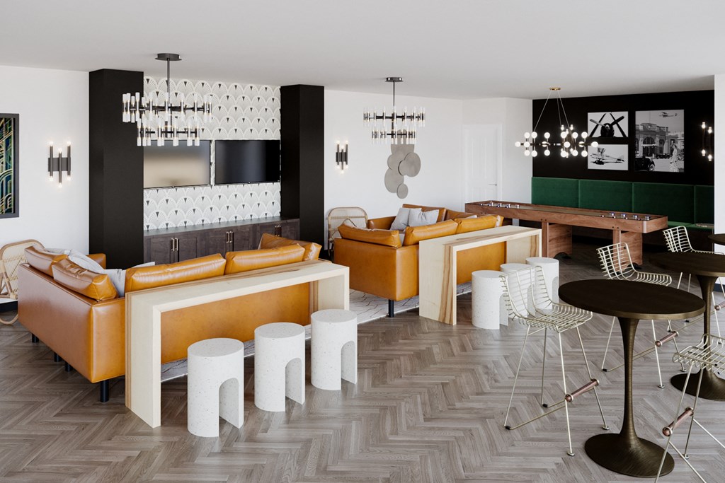 a room with white walls and a wooden table with a yellow sofa and a black table with