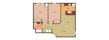 A floor plan of a house with two bedrooms, a bathroom, a kitchen, a dining area, and a living room.
