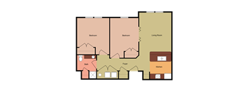 A diagram of a house layout with two bedrooms, a bathroom, a living room, a kitchen, and a foyer.
