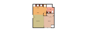 A floor plan of a house with a kitchen, dining room, living room, bathroom, and bedroom.