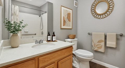 A bathroom with a toilet, sink, mirror, and a plant.