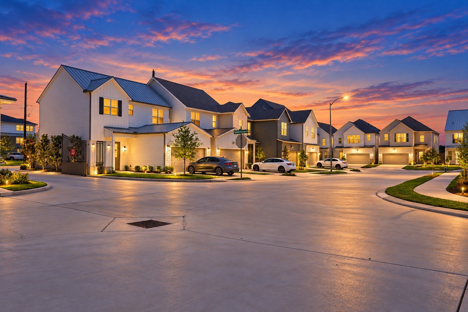 A row of houses with cars parked in front.