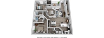 A 3D floor plan of a house with a kitchen, living room, and bedrooms.