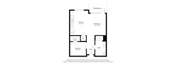 A floor plan of a small apartment with a kitchen, bathroom, bedroom, and workspace.