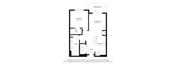 A floor plan of a small apartment with a bedroom, living room, kitchen and bathroom.