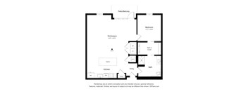 A floor plan of a house with a kitchen, bathroom, bedroom and workspace.