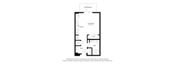 A floor plan of a home with a living area, kitchen, bath, and closet.