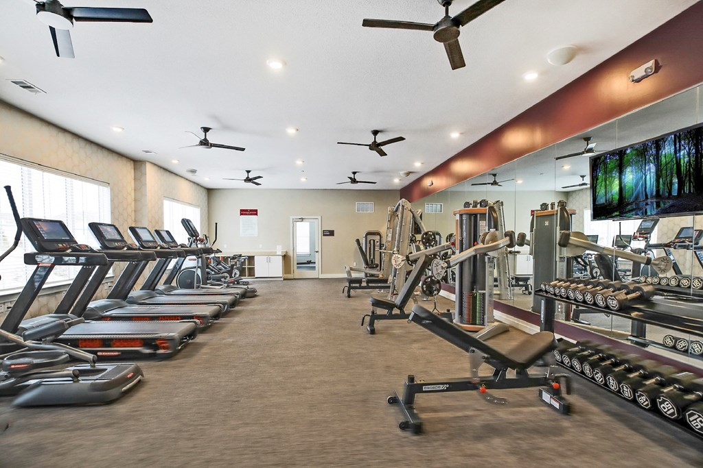 a gym with cardio equipment and a flat screen tv
