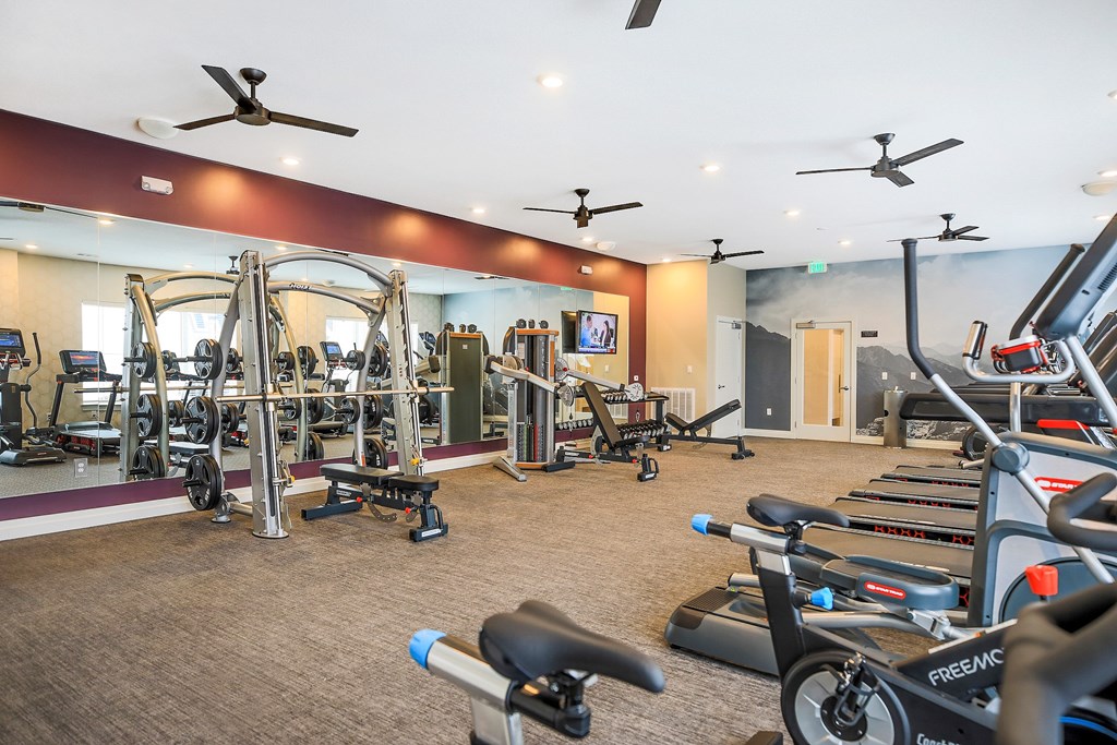 A gym with a variety of equipment including treadmills, weights, and exercise machines.