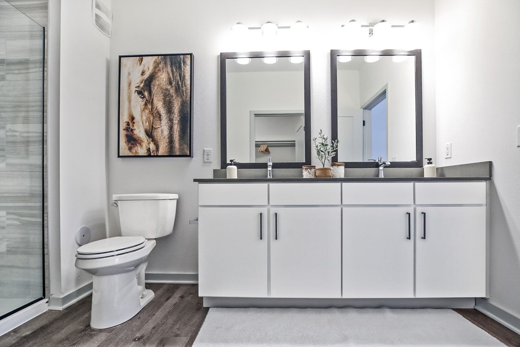A white toilet sits in a bathroom with a large mirror above a white cabinet.