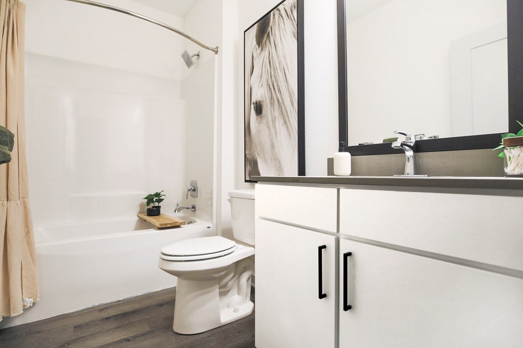 A white toilet sits next to a bathtub in a bathroom.