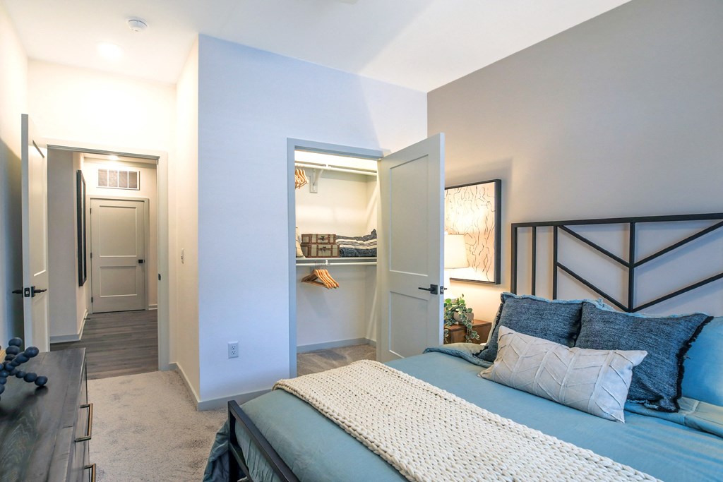 a bedroom with a bed and a closet