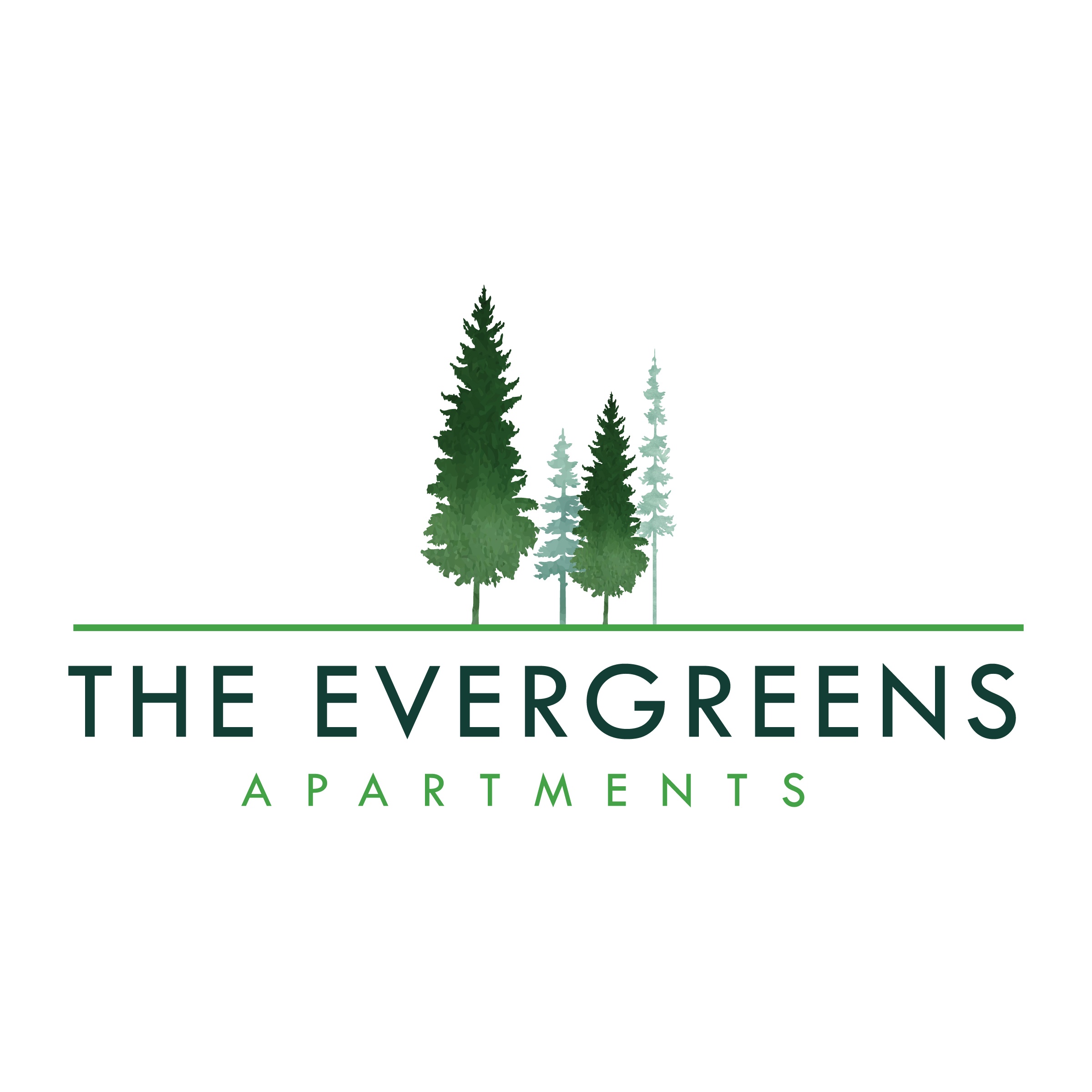 The Evergreens Apartments logo with trees.