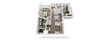 A 3D floor plan of a house with a kitchen, living room, and bathrooms.