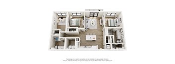 A 3D floor plan of a house with a kitchen, living room, and two bedrooms.