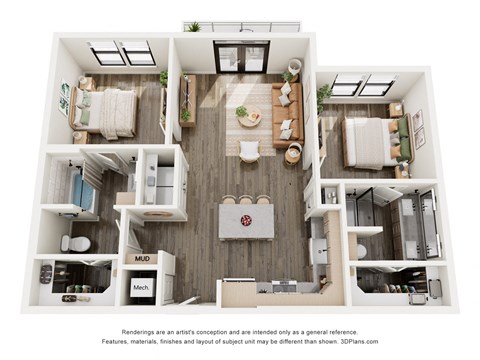 a 1 bedroom floorplan is shown in this rendering