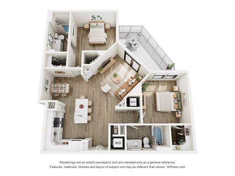 a 3d floor plan of a home with a bedroom and living room