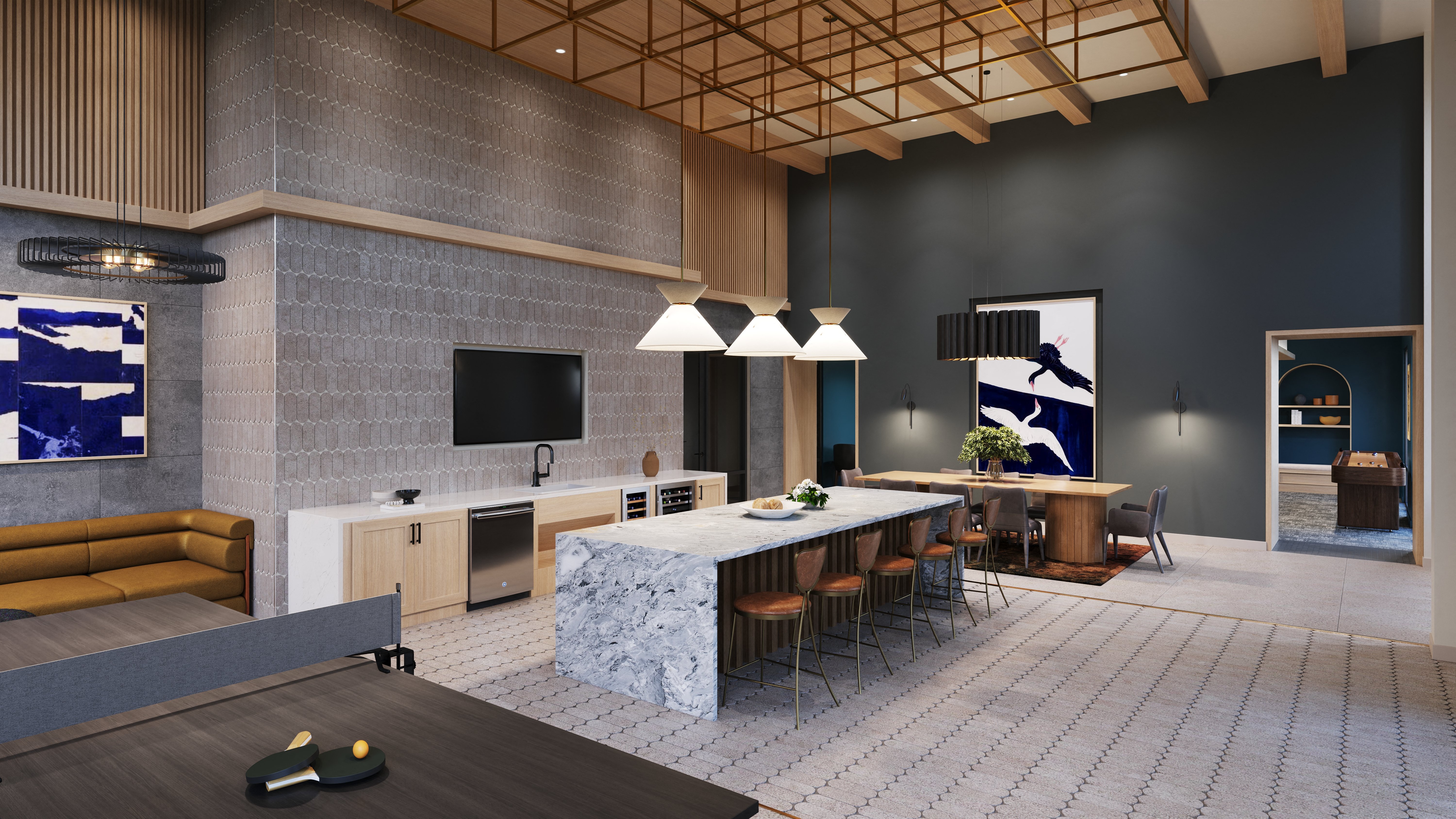 a rendering of a living room with a kitchen and a dining room