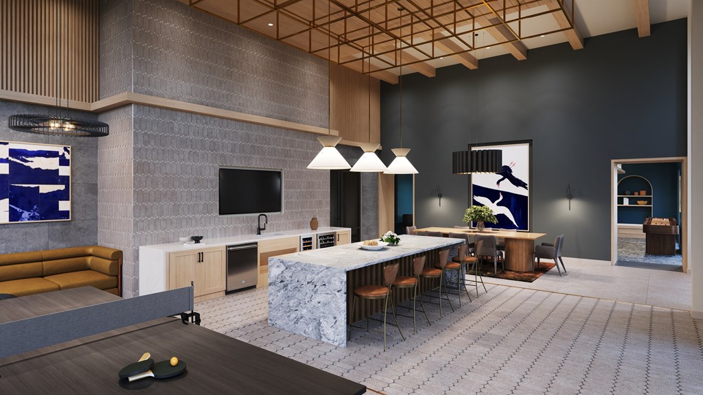 a rendering of a living room with a kitchen and a dining room