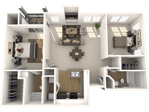 A 3D floor plan of a house with a kitchen, living room, and bedrooms.