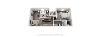 A 3D floor plan of a house with two bedrooms, a living room, a kitchen, and a bathroom.
