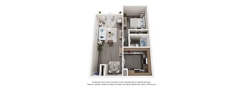 A 3D floor plan of a small apartment with a kitchen, living room, and bathroom.