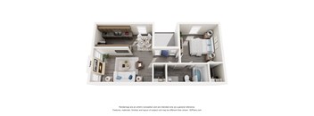 A 3D floor plan of a house with a kitchen, living room, and two bedrooms.