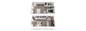 A 3D floor plan of a small apartment with a kitchen, living room, and bedroom.