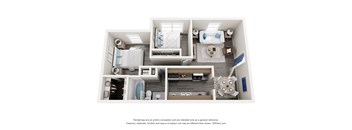 A 3D floor plan of a small apartment with a kitchen, living room, and bathroom.