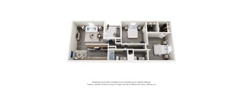 A 3D floor plan of a house with a kitchen, living room, and two bedrooms.