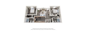 A 3D floor plan of a small apartment with a kitchen, living room, and bathroom.