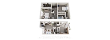 A 3D floor plan of a small apartment with two bedrooms, a living room, and a kitchen.