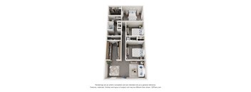 A 3D floor plan of a small apartment with a kitchen, living room, and bathroom.