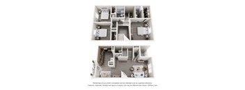 A 3D floor plan of a small apartment with two bedrooms, a living room, and a kitchen.