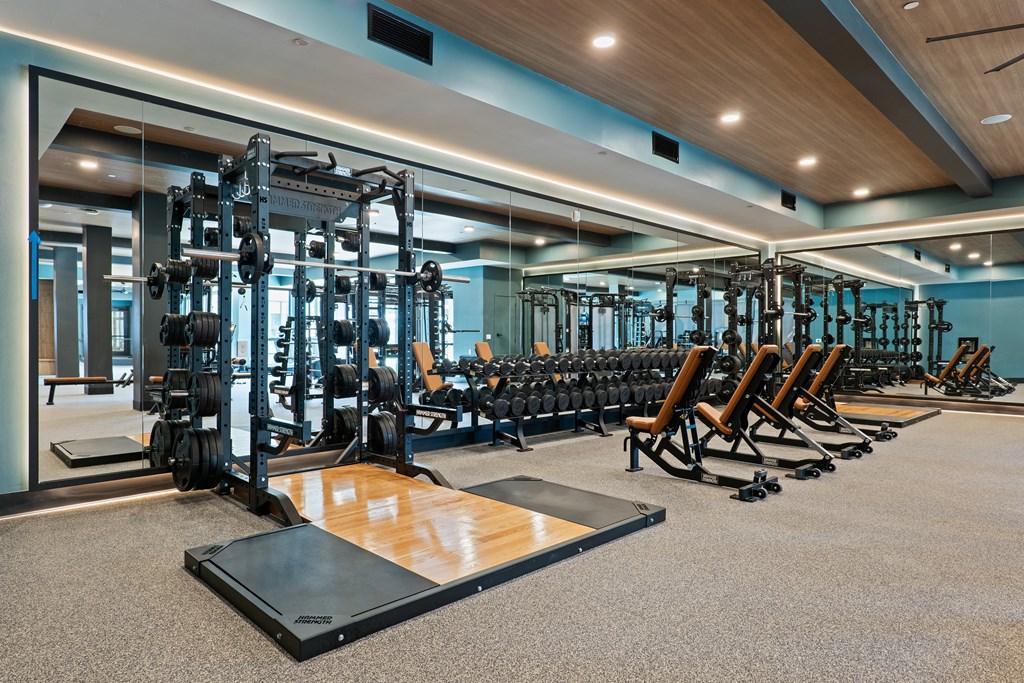 A gym with a row of chairs and a row of weight machines.