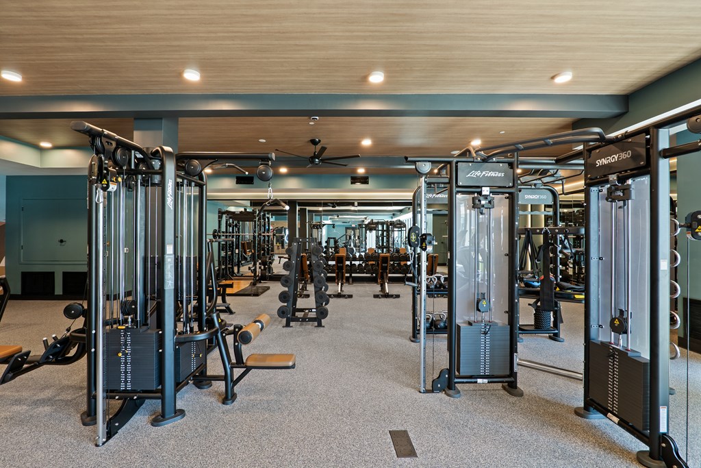 A gym with a variety of equipment including weight machines and free weights.