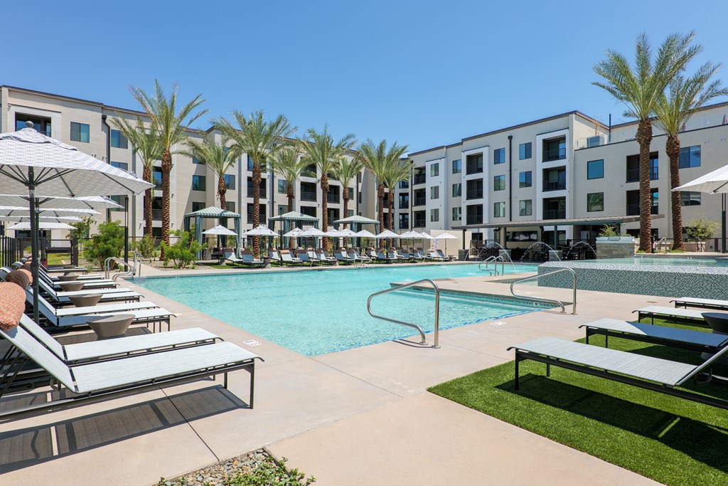 A pool surrounded by sun loungers and palm trees.