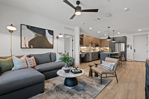 A modern living room with a grey sofa and a coffee table.