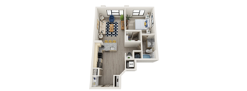 A 3D floor plan of a small apartment with a living room, kitchen, and bedroom.