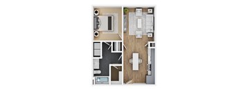 A top-down view of a modern apartment layout with a kitchen, living room, and bathroom.