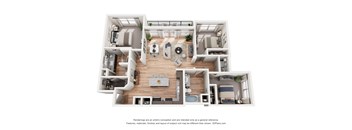 A 3D floor plan of a house with multiple rooms and furniture.