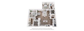 A 3D floor plan of a house with a kitchen, living room, and bathrooms.