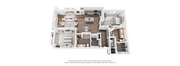 A 3D floor plan of a house with a kitchen, living room, dining room, and bedrooms.