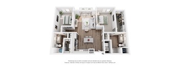 A 3D floor plan of a house with a kitchen, living room, and bathrooms.