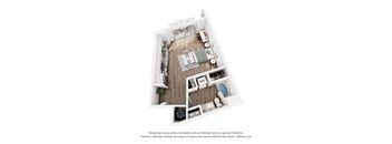 A 3D floor plan of a small apartment with a kitchen, living room, and bathroom.