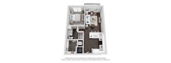 A 3D floor plan of a small apartment with a kitchen, living room, and bathroom.